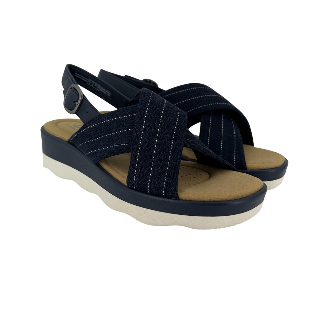 Clarks Sandals Shoes Womens Size 9 Navy Clara Cove Slingback Wedge Comfort